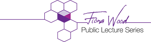 Banner reads 'Fiona Wood Public Lecture Series' and includes a portion of the South Metropolitan Health Service logo