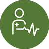 Icon shows a person wearing a stethoscope caring for someone in a hospital bed